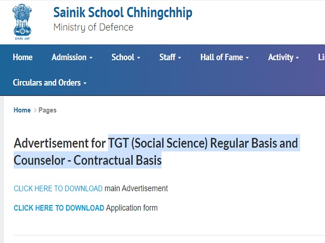 Sainik School Chhingchhip Recruitment 2021